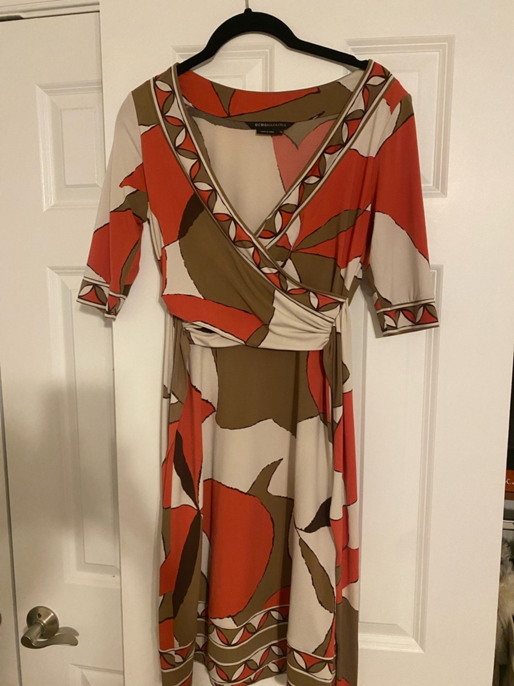 BCBGMaxAzria Orange, Olive & Cream Abstract Faux-Wrap Midi Dress